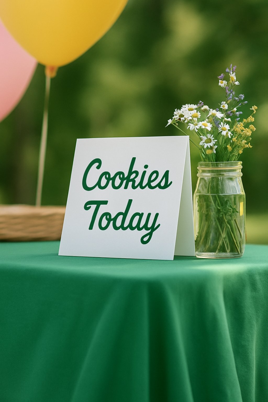 Cookie booth table vignette with 'Cookies Today' sign and flowers.
